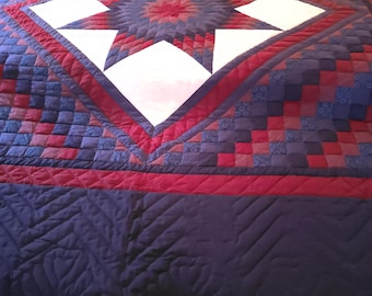 King/Queen Size Amish  Hand Stitched Hand Quilted Lone Star Sunshine and Shadows Quilt Appliqued Lone Star Homemade Quilt Modern Bedspread