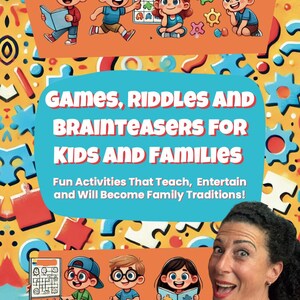 Könnte beinhalten: Ein Buchcover mit einem bunten Hintergrund aus Puzzle-Teilen und Comic-Kindern. Der Titel lautet "Spiele, Rätsel und Denksport für Kinder und Familien". Der Untertitel lautet "Spaßige Aktivitäten, die lehren, unterhalten und zu Familientraditionen werden!" Der Autor ist "Von Deborah Labi alias Aunty Debi".