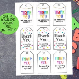 Bedankt voor het steunen van mijn school afdrukbare tag | Bedankt-tag | Bedankt cadeaukaartje | Kleurrijk label | Kleurrijke afdrukbare bedanklabels