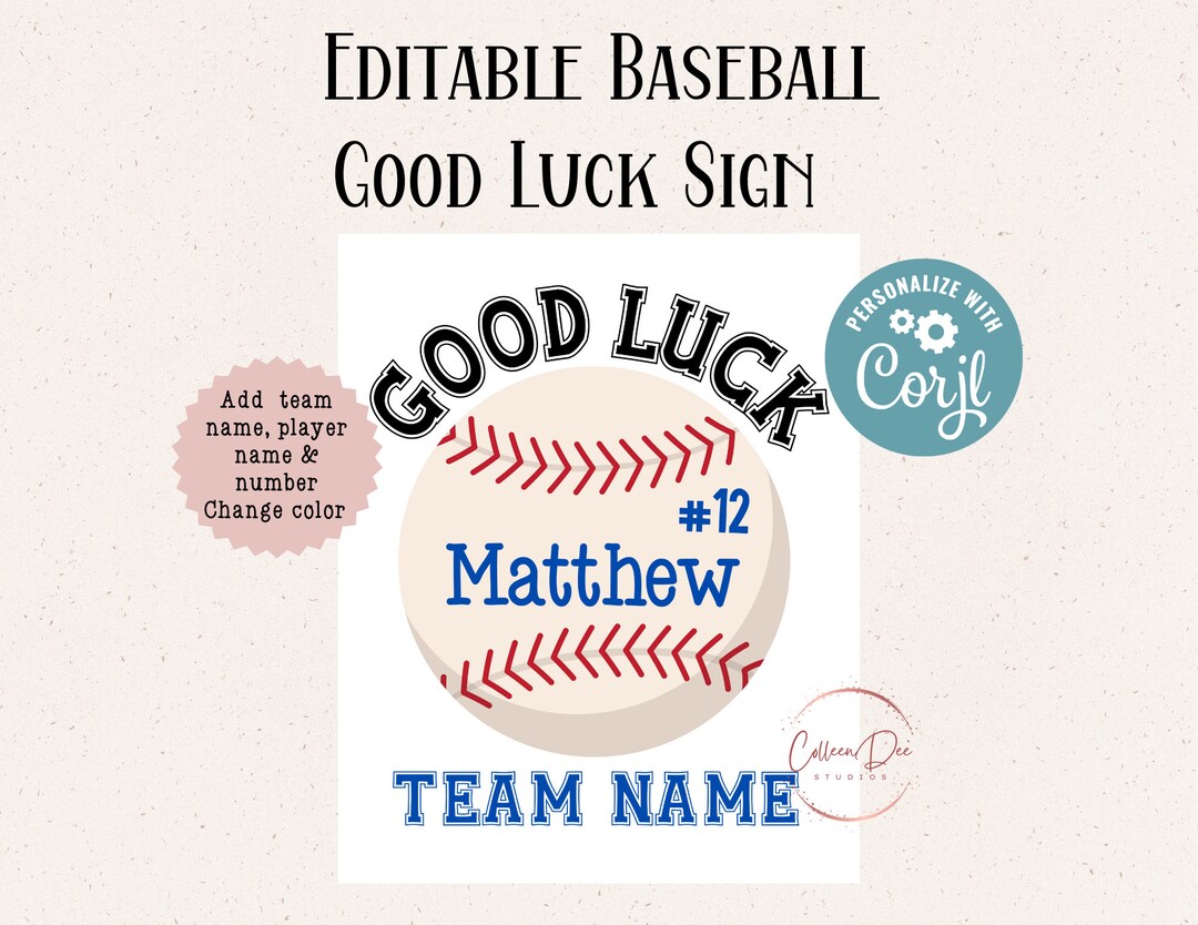 Editable Baseball Good Luck Printable Sign Baseball Team Good Luck Edit in Corjl Add Team Name