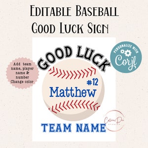 Editable Baseball Good Luck Printable Sign | Baseball Team Good Luck | Edit in Corjl | Add Team Name, Athlete Name, Number | Change Color