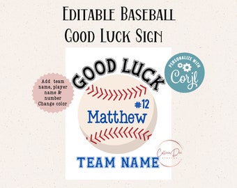 Editable Baseball Good Luck Printable Sign | Baseball Team Good Luck | Edit in Corjl | Add Team Name, Athlete Name, Number | Change Color