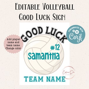 Editable Volleyball Good Luck Printable Sign | Volleyball Team Good Luck | Edit in Corjl | Add Team Name, Athlete Name, Number, Change Color