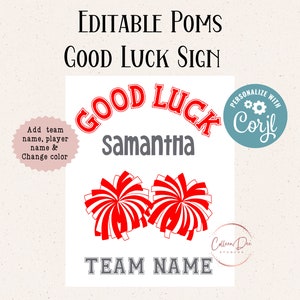 Edytowalny znak Poms Cheer Good Luck do wydrukowania | Poms Team Good Luck | Edytuj w Corjl | Dodaj nazwę drużyny, nazwę sportowców, zmień kolor pomponów | Znak