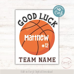 Editable Basketball Good Luck Printable Sign | Basketball Team Good Luck | Edit in Corjl | Add Team Name, Athlete Name, Number, Change Color
