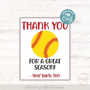 Etiqueta de agradecimento editável para imprimir para jogadores de softball | Obrigado por uma ótima temporada | Fim da temporada de softball | Agradecimento de softball | Edite as palavras e as cores