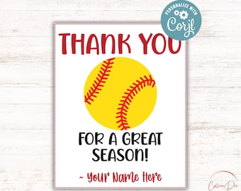 EDITABLE Softball Thank You Printable Tag | Thank You for a great season | end Softball season | Softball thank you | edit words and color