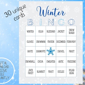 Winter Bingo | Winter Printable | Bingo Game | Winter Game | Digital Download | Holiday Bingo | 30 unique cards | School party | class party