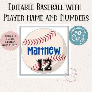 Editable BASEBALL with Athletes Name and Number | Baseball Team | Edit in Corjl | Multiple Sizes 2.5 inch, 5 inch and 8 inch | Printable