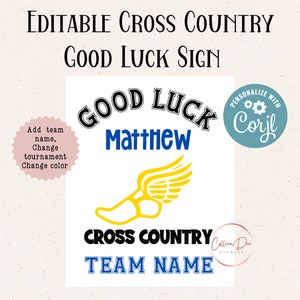 Editable Cross Country Good Luck Printable Sign | Cross Country Team Good Luck | Edit in Corjl | Add Team Name, Athlete Name, Change Color