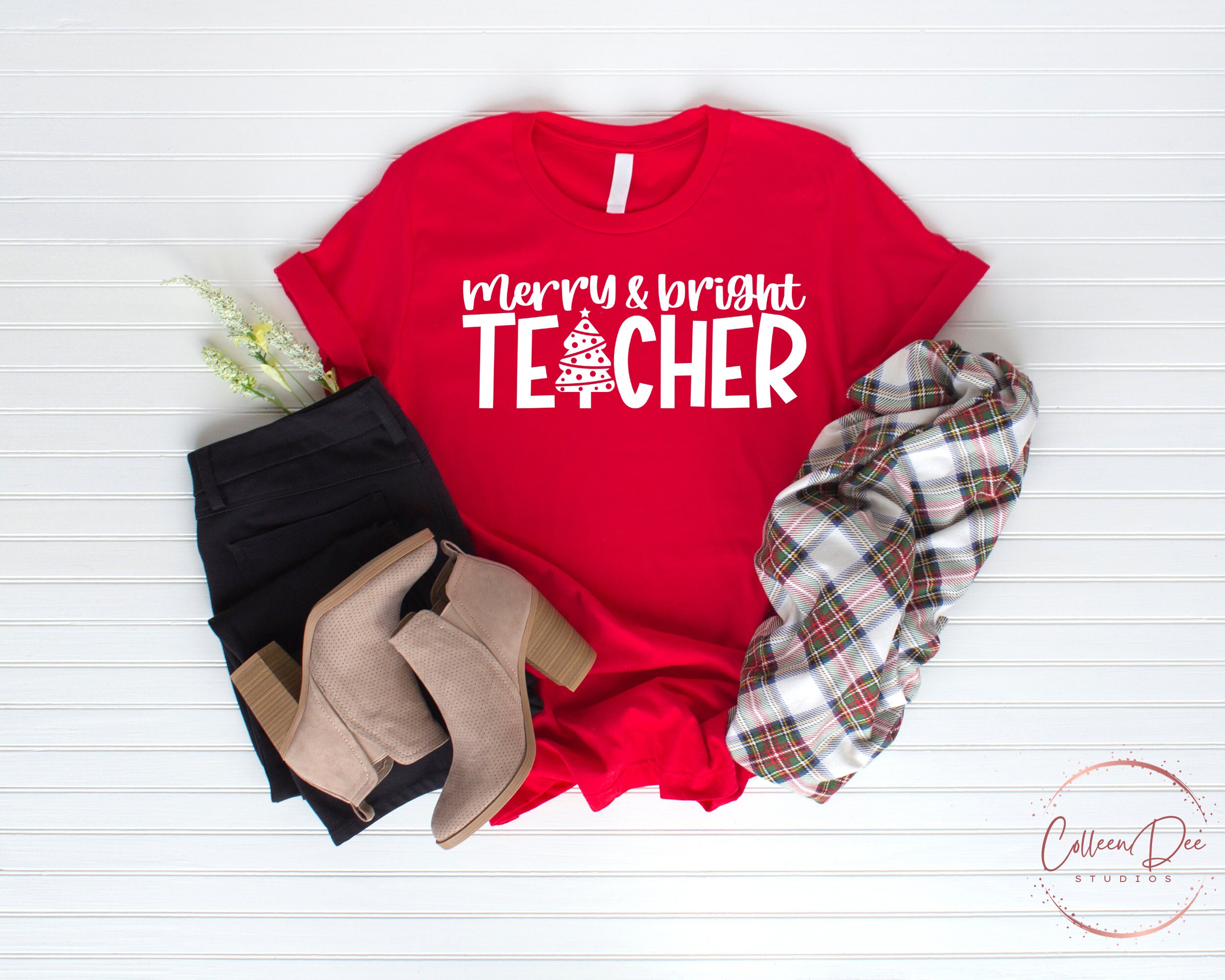 Merry and Bright Teacher | SVG PNG Cut File | Teacher Shirt | Christmas ...
