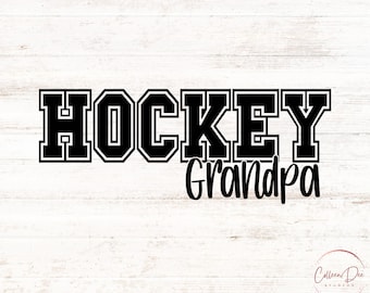 May include: Black and white graphic design with the words "HOCKEY Grandpa" in a bold, collegiate-style font. The design is set against a light wood grain background. The text "SVG - PNG - Digital Download" is at the bottom.