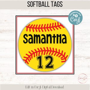 Bewerkbaar SOFTBAL met naam en nummer van de sporter | Softbalteam | Bewerken in Corjl | Meerdere maten: 2,5 inch, 5 inch en 8 inch | Afdrukbaar