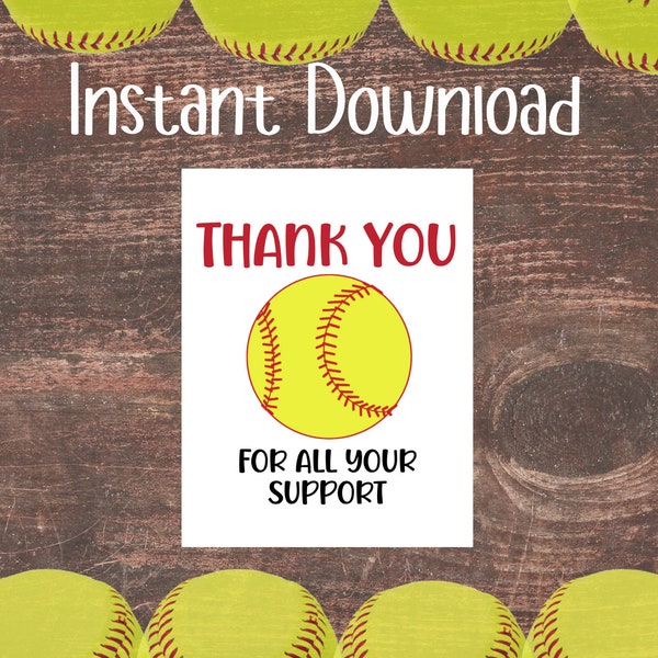 Softball Thank You for all Your Support Printable Tag | Thank You Tag | Printable | Instant Download | Softball fundraiser | Support thanks