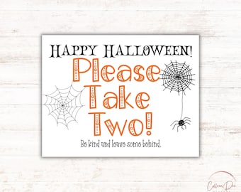 Printable sign for Halloween Candy Bowl | Trick or Treater sign | Instant download | Please Take Two | Halloween Printable Candy Sign Take 2