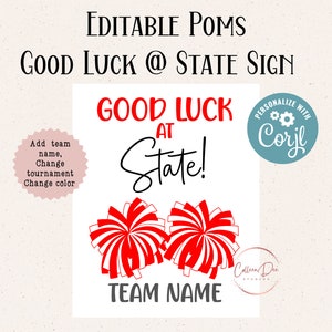Étiquette imprimable pompons modifiables Cheer Good Luck State | L'équipe Poms Cheer déclare bonne chance | Modifier à Corjl | Ajouter le nom de l'équipe/de l'athlète | Changer de couleur