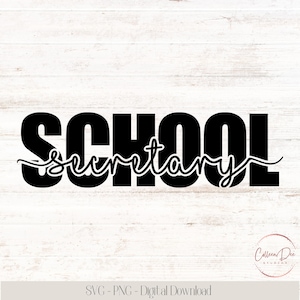 May include: A black graphic design featuring the word SCHOOL in a bold, sans-serif font with the word secretary written in a white-outlined cursive script layered across the centre. A small circular logo with the text Colleen Dee Studios is visible.