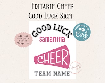 Editable Poms Cheer Good Luck Printable Sign | Cheer Team Good Luck | Edit in Corjl | Add Team Name, Athletes Name, Change Poms Color | Sign