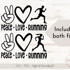 Paz, amor, correr / Archivo de corte SVG PNG / Descarga instantánea / Camiseta para correr / Amor al correr / Corazón / Mano de la paz / Amor / Campo a través / Pista