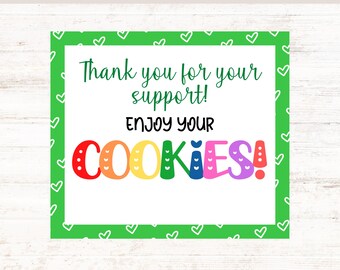 Nota de agradecimiento de galletas Scout / Imprimible de galletas Scout para el puesto de galletas / Tarjeta/etiqueta de agradecimiento por las ventas de galletas / 4 x 3.5" / Etiqueta de agradecimiento / Etiqueta de galletas