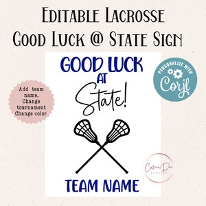 Edytowalny LACROSSE Powodzenia w stanie Wydrukuj Tag | Powodzenia w turnieju Lacrosse | Edytuj w Corjl | Dodaj nazwy drużyn/sportowców, zmień kolor
