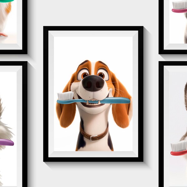 Cartoon Custom Pet Digital Portrait with toothbrush - Wall Art for Bathroom Decor - Perfect Gift for Dog and Cat Lovers