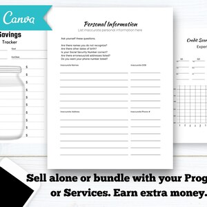 May include: A printable worksheet with a savings tracker, personal information section, and a credit score tracker. The savings tracker is a jar with a scale from 10% to 100%. The personal information section asks questions about inaccurate names, addresses, and phone numbers. The credit score tracker is a grid with columns for each quarter of the year.