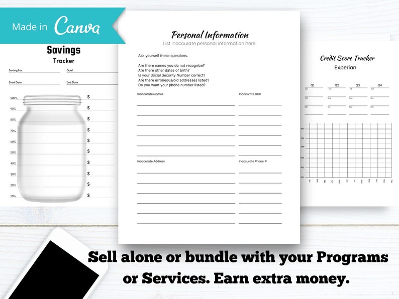 May include: A printable worksheet with a savings tracker, personal information section, and a credit score tracker. The savings tracker is a jar with a scale from 10% to 100%. The personal information section asks questions about inaccurate names, addresses, and phone numbers. The credit score tracker is a grid with columns for each quarter of the year.