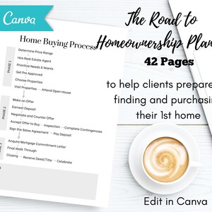May include: A white and gray printable planner with the title "The Road to Homeownership Planner" and the text "42 Pages" in black. The planner is designed to help clients prepare for finding and purchasing their first home. The image also includes a laptop and a cup of coffee on a white wooden surface.