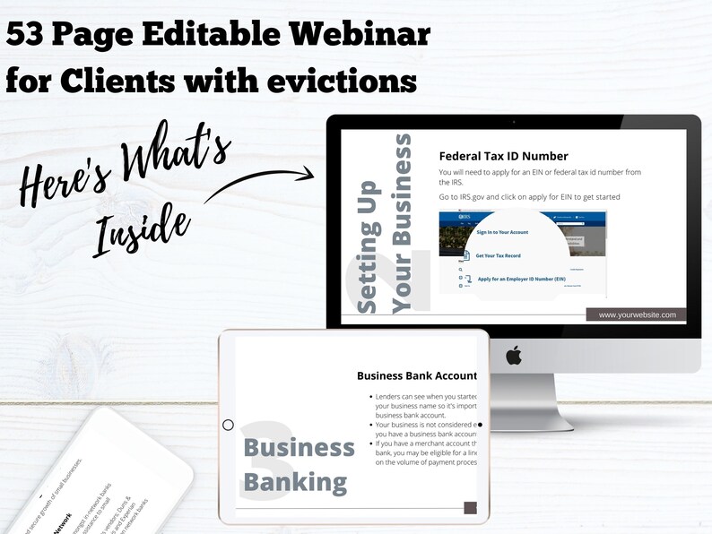 May include: A computer screen displaying a webinar for clients with evictions. The webinar is titled "Setting Up Your Business" and includes information on obtaining a federal tax ID number and setting up a business bank account.