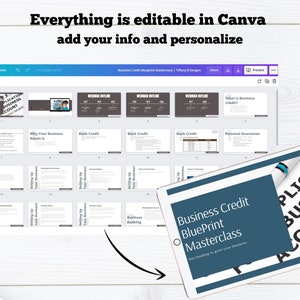 May include: A screenshot of a Canva presentation titled "Business Credit Blueprint Masterclass: Get Funding to Grow Your Business". The presentation is divided into 18 slides, each with a different topic related to business credit. The presentation is designed to help entrepreneurs understand and build their business credit.