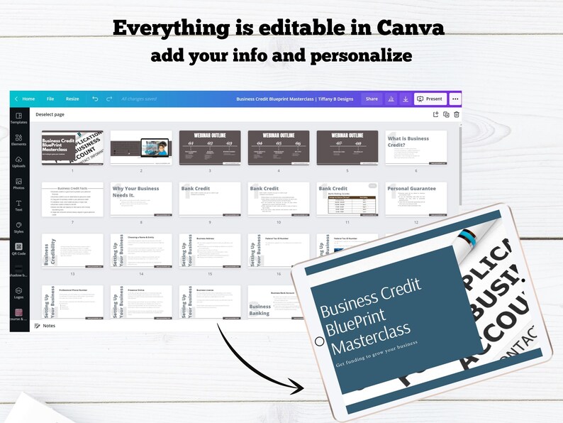May include: A screenshot of a Canva presentation titled "Business Credit Blueprint Masterclass: Get Funding to Grow Your Business". The presentation is divided into 18 slides, each with a different topic related to business credit. The presentation is designed to help entrepreneurs understand and build their business credit.