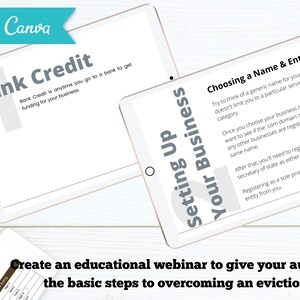 May include: Two white tablets with a gray background. The top tablet shows the text "Bank Credit" and the bottom tablet shows the text "Setting Up Your Business". The text on the tablets is in a black font. The tablets are on a white wooden surface.