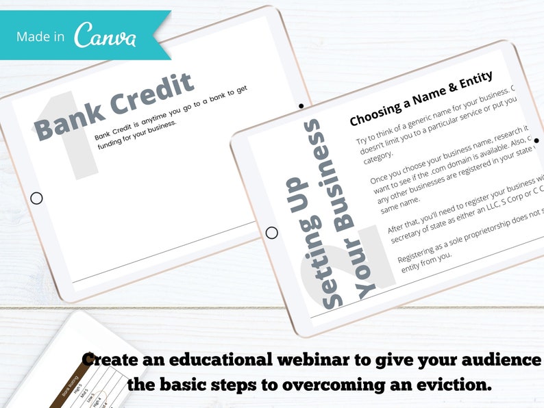 May include: Two white tablets with a gray background. The top tablet shows the text "Bank Credit" and the bottom tablet shows the text "Setting Up Your Business". The text on the tablets is in a black font. The tablets are on a white wooden surface.