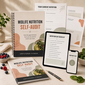 Puede incluir: Un cuaderno de ejercicios en espiral Midlife Nutrition Self-Audit y un libro de tapa blanda a juego, ambos con un bol de ensalada en la portada. Una tableta muestra una lista de verificación, un smartphone muestra Your Next Step y hay hojas sueltas.