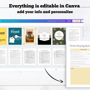 May include: A computer screen displaying a Canva design template for a home buying planner. The template includes a questionnaire, checklists, and a cover page with the text "The Road to Homeownership Planner".