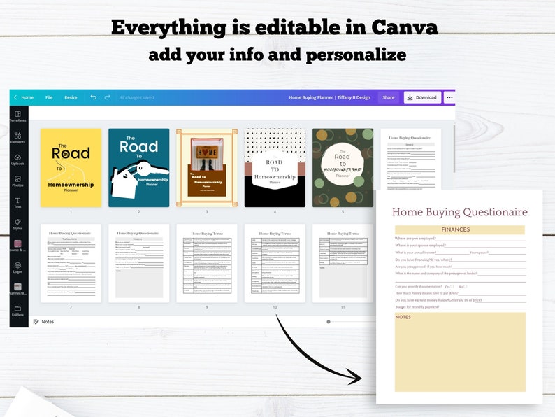 May include: A computer screen displaying a Canva design template for a home buying planner. The template includes a questionnaire, checklists, and a cover page with the text "The Road to Homeownership Planner".