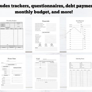 May include: A printable budget planner with sections for monthly budget, home state, financials, down payment, debt pay down, and goal setting. The planner includes trackers, questionnaires, and more.