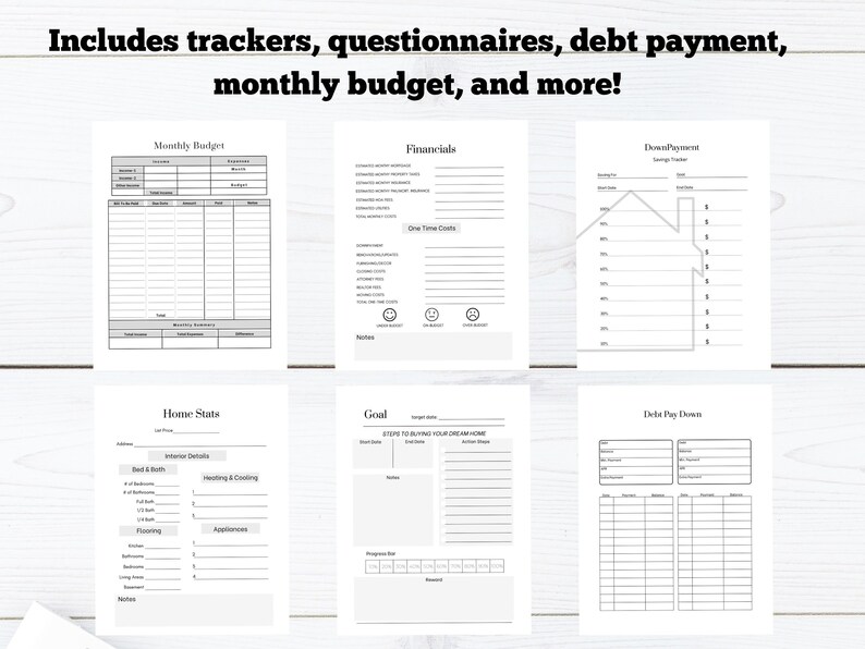 May include: A printable budget planner with sections for monthly budget, home state, financials, down payment, debt pay down, and goal setting. The planner includes trackers, questionnaires, and more.