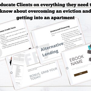 May include: Three digital tablets with different information about business credit, unsecured financing, and an ebook titled "Start Building Your Business Credit Right". The tablets are on a white wooden surface. The text on the tablets is in black and white.