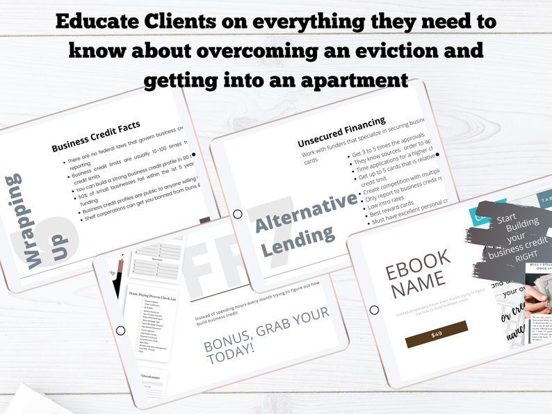 May include: Three digital tablets with different information about business credit, unsecured financing, and an ebook titled "Start Building Your Business Credit Right". The tablets are on a white wooden surface. The text on the tablets is in black and white.