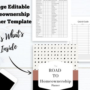 May include: A 42-page editable homeownership planner template with a black and white polka dot cover. The cover has a brown and black banner with the text "The Road To Homeownership Planner".