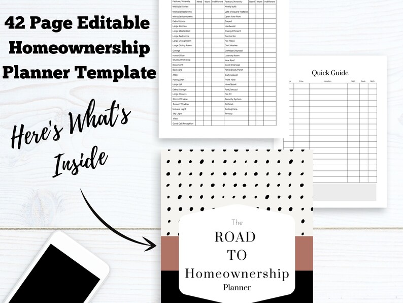 May include: A 42-page editable homeownership planner template with a black and white polka dot cover. The cover has a brown and black banner with the text "The Road To Homeownership Planner".