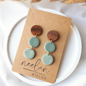 Polymer clay earrings, geometric earrings, statement earrings, sage, mint, dark wood, lightweight earrings, handmade