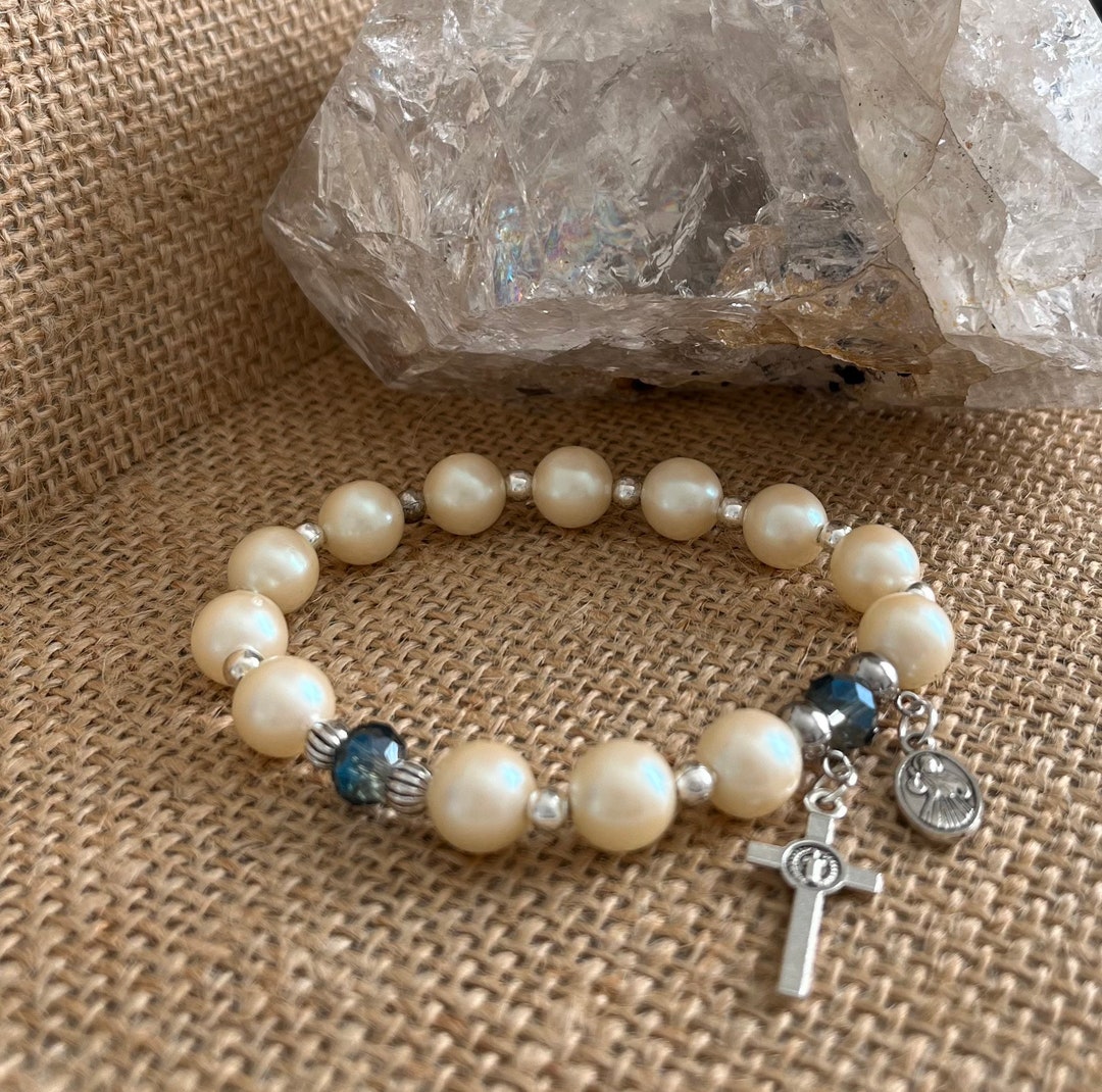 Pearl Rosary Bead Braceletprayer Bead Braceletcatholic Etsy