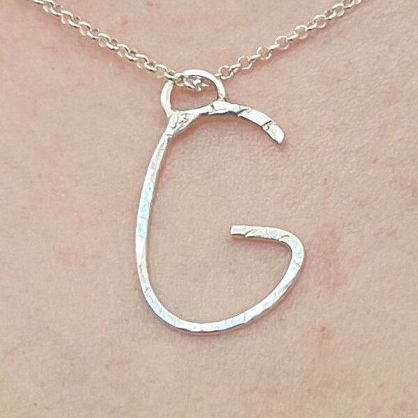 Large hammered Sterling 925 silver initial pendant necklace, alphabet letter personalized jewelry