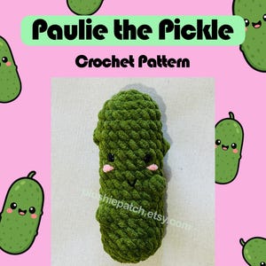 May include: A green crocheted pickle plushie with a smiling face and pink cheeks. The text "Paulie the Pickle Crochet Pattern" is displayed above the plushie. The background is pink with cartoon pickle illustrations.