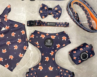 Paquete de arnés para perros: paquete de accesorios para perros con estampado de zorro azul, juego de regalo de plomo para cachorros, juego de arnés y collar, paquete de arnés para perros