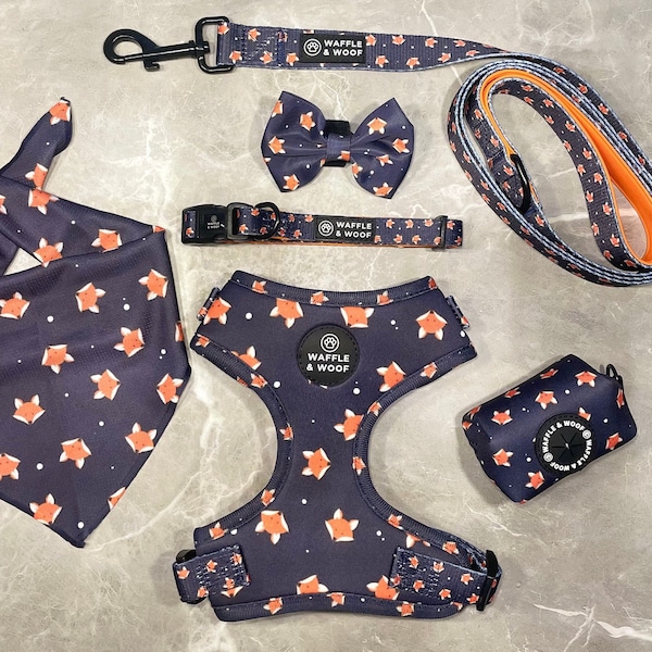 Dog Harness Bundle - Blue Fox Print Dog Accessory bundle, Puppy Lead Gift Set, Harness and Collar Set, Dog Harness bundle