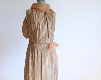 Vintage 1950s Handmade apricot gold  Silk Brocade Party Dress - Neck Bow, Waist Tie, Whimsical Vintage Dress